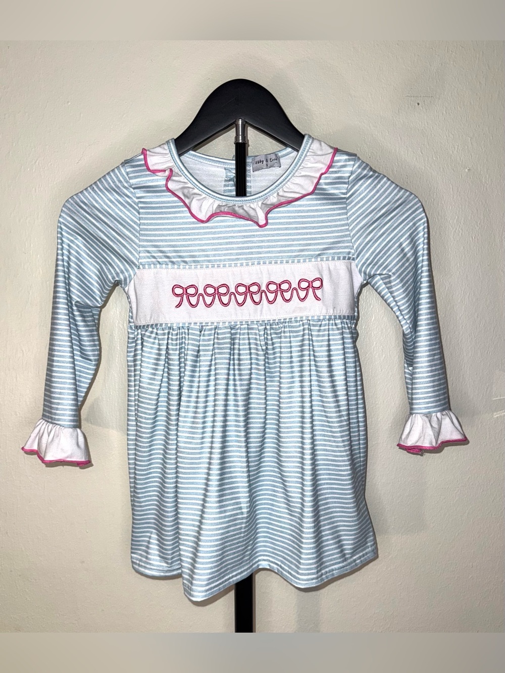Abby & Evie Blue Stripe Long Sleeve Dress with Pink Bow Embroidery, size 5, EUC